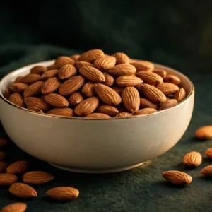 Bowl of premium California almonds on a cream background