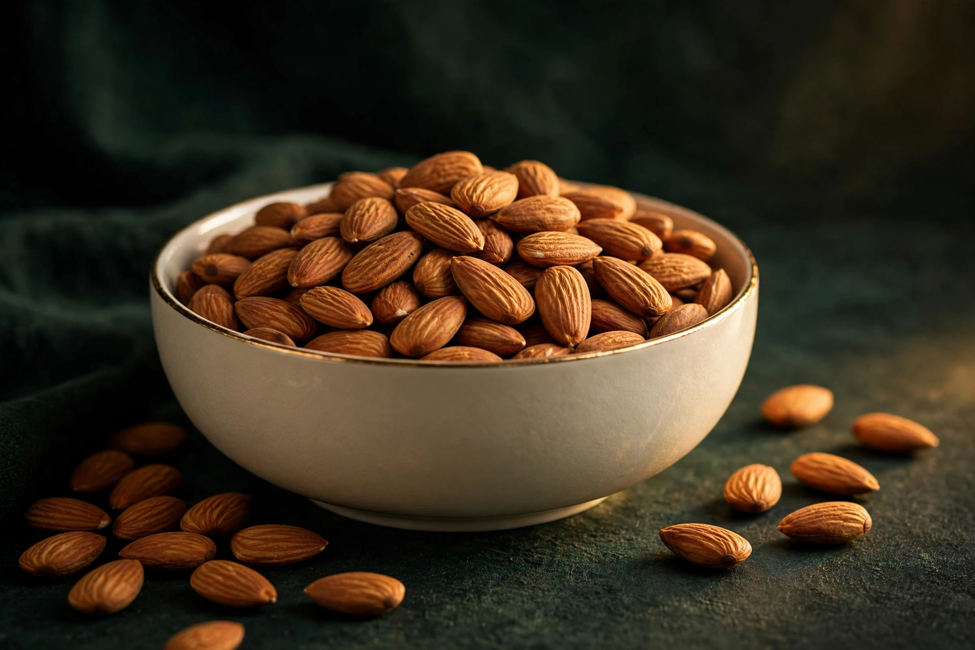 Bowl of premium Nutyona almonds on a cream background