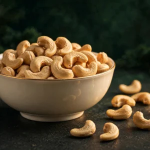Bowl of premium Nutyona cashews on a cream background