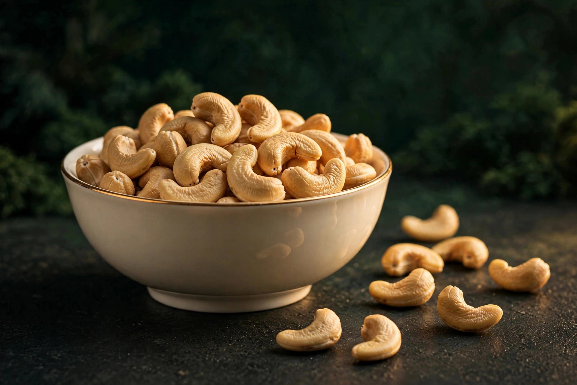 Bowl of premium Nutyona cashews on a cream background