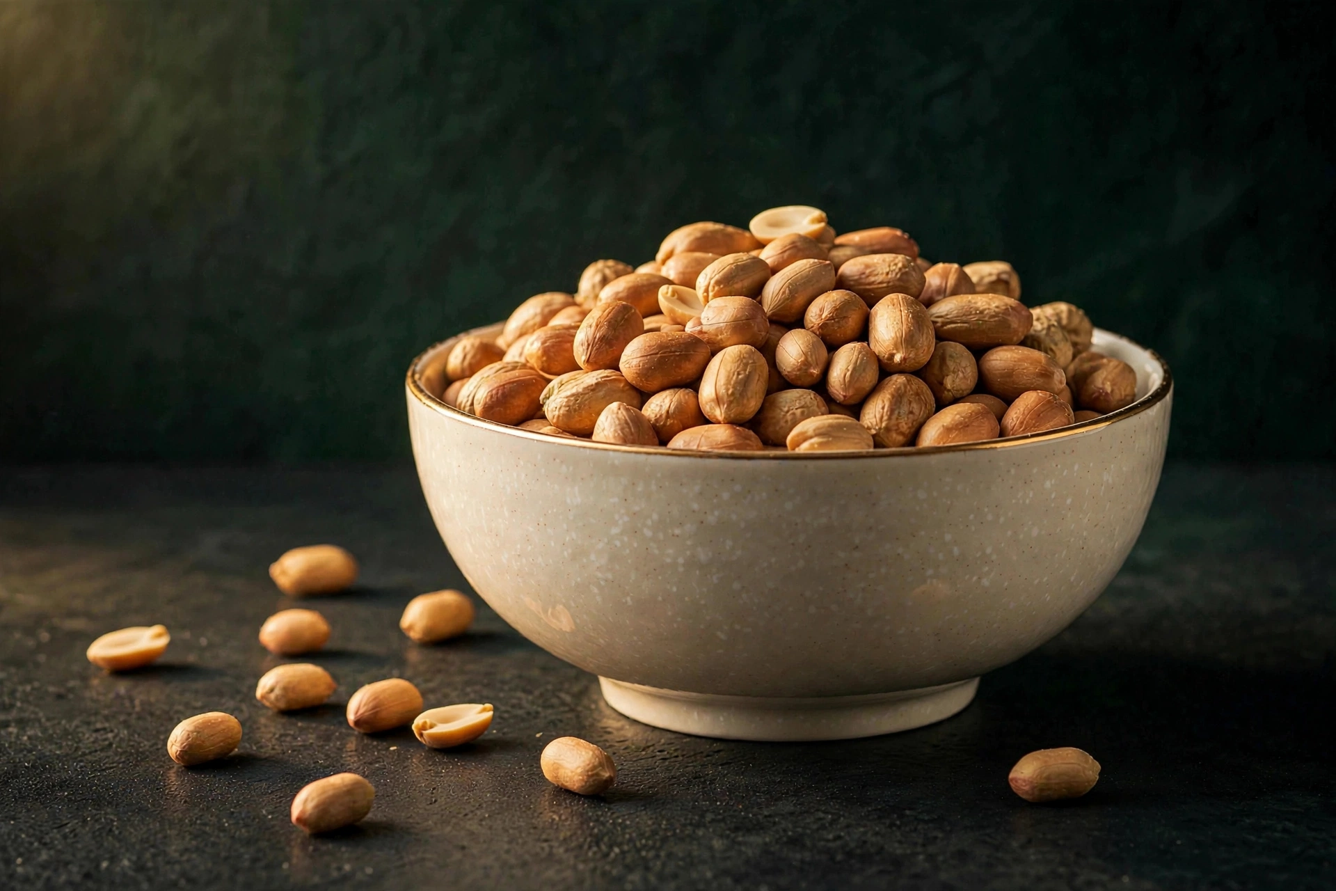 Bowl of premium shelled Nutyona peanuts on a cream background