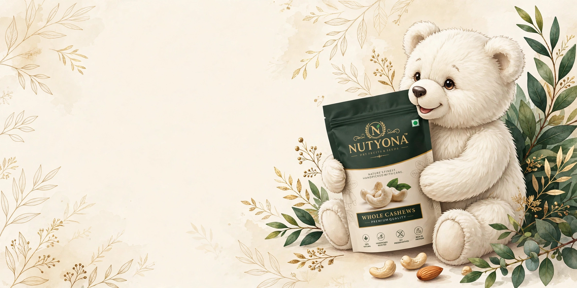 White teddy bear holding a Nutyona Whole Cashews pouch
