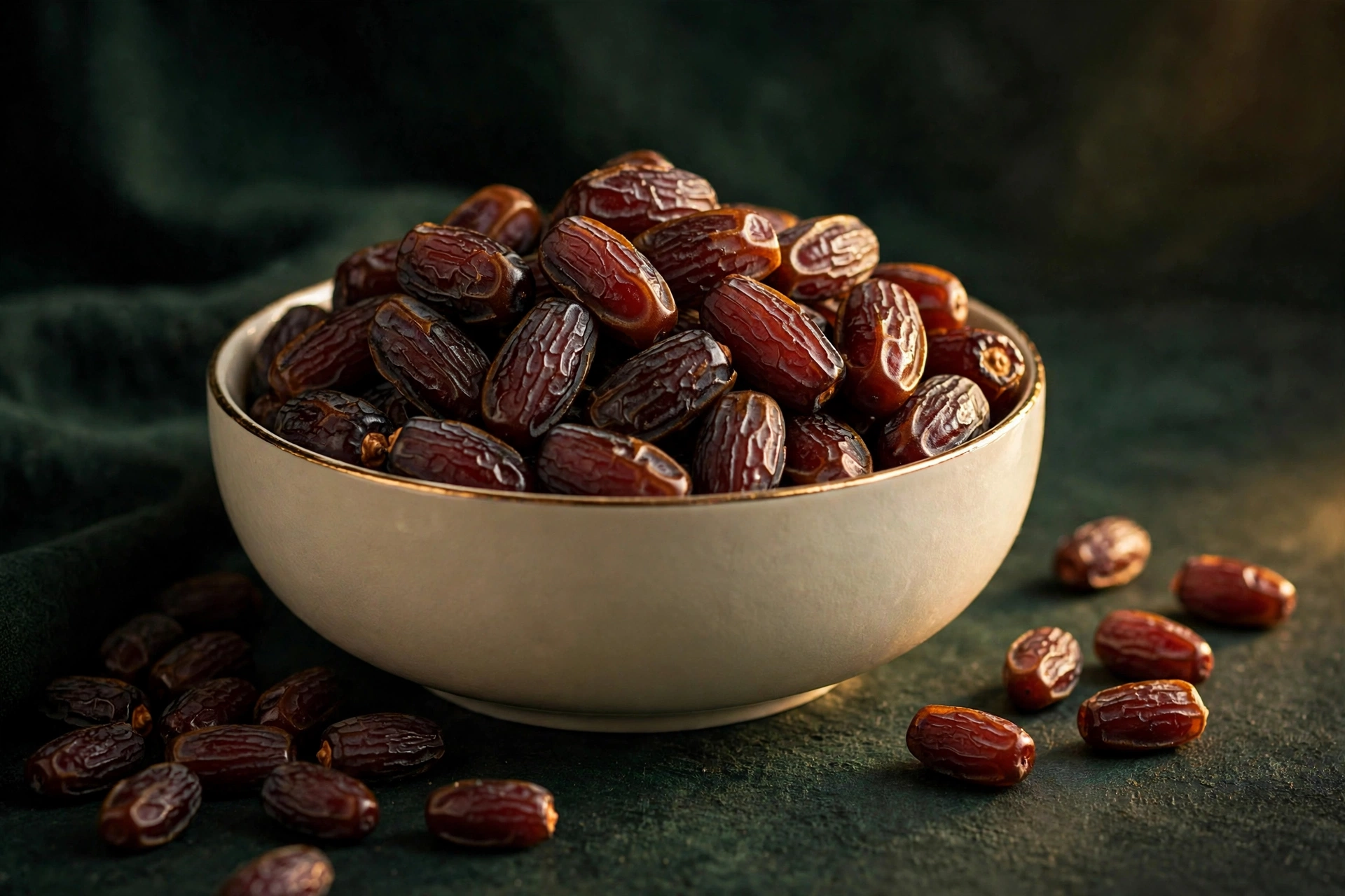Bowl of premium Nutyona dates on a cream background