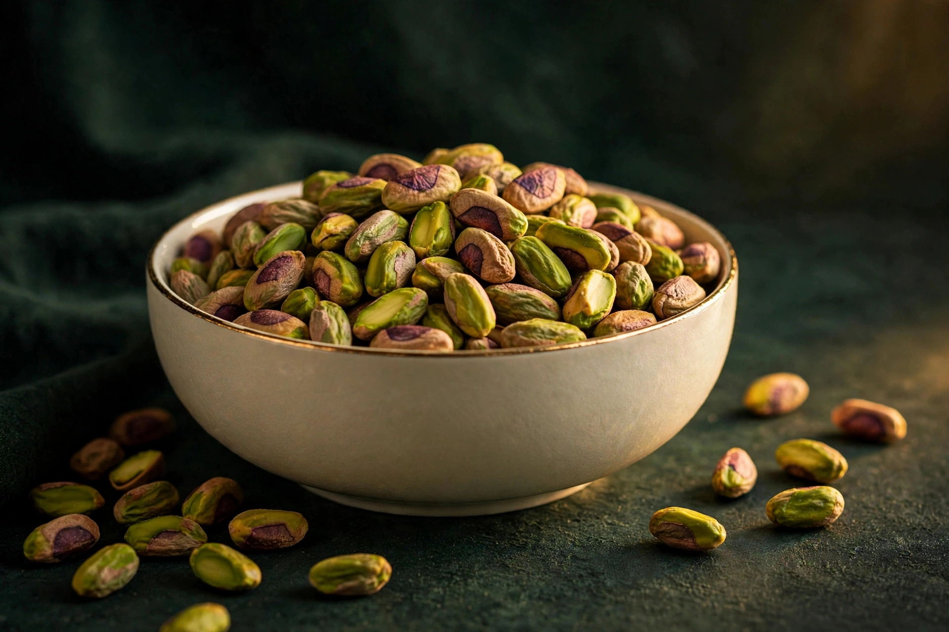 Bowl of premium Nutyona pistachios on a cream background