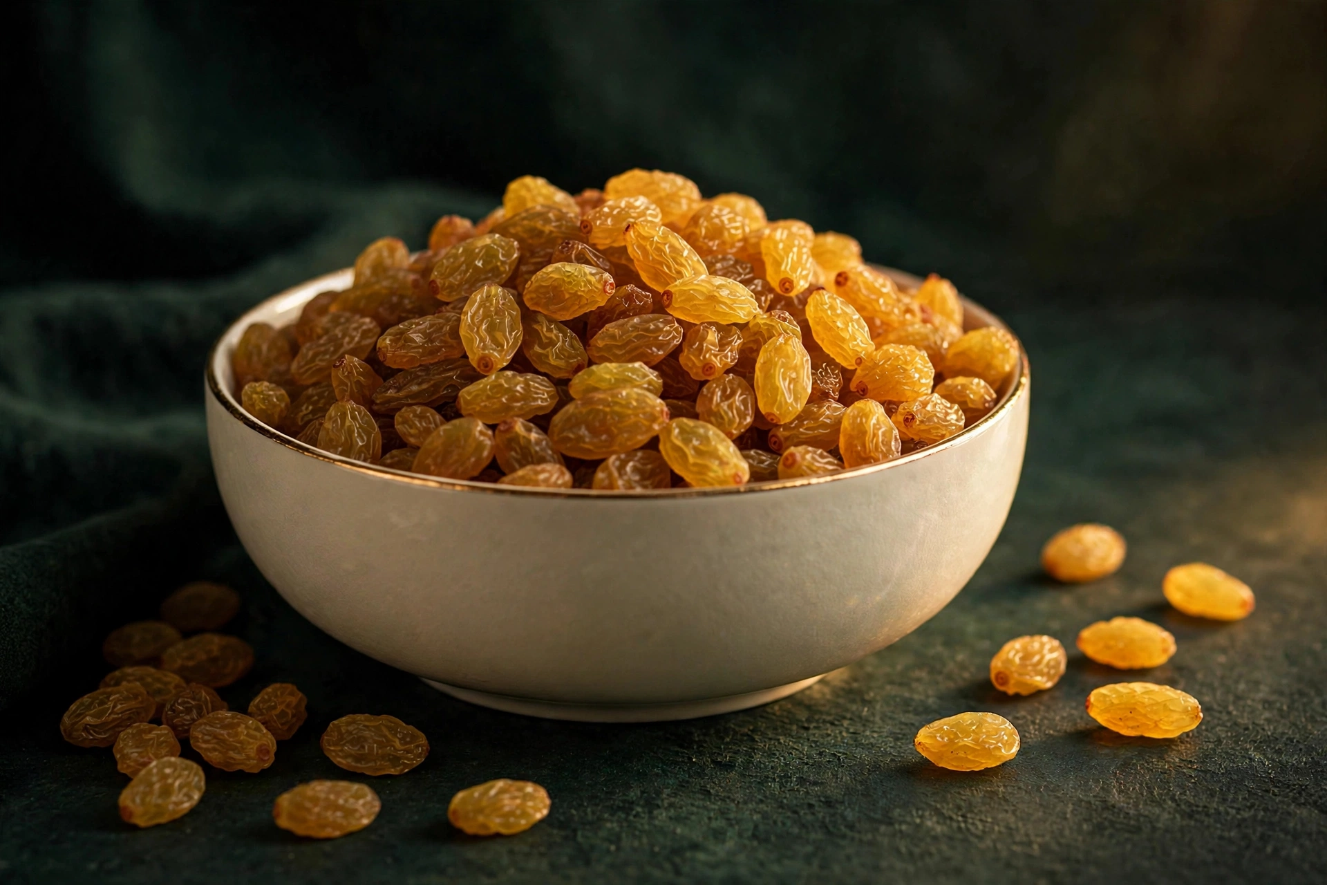 Bowl of premium Nutyona raisins on a cream background