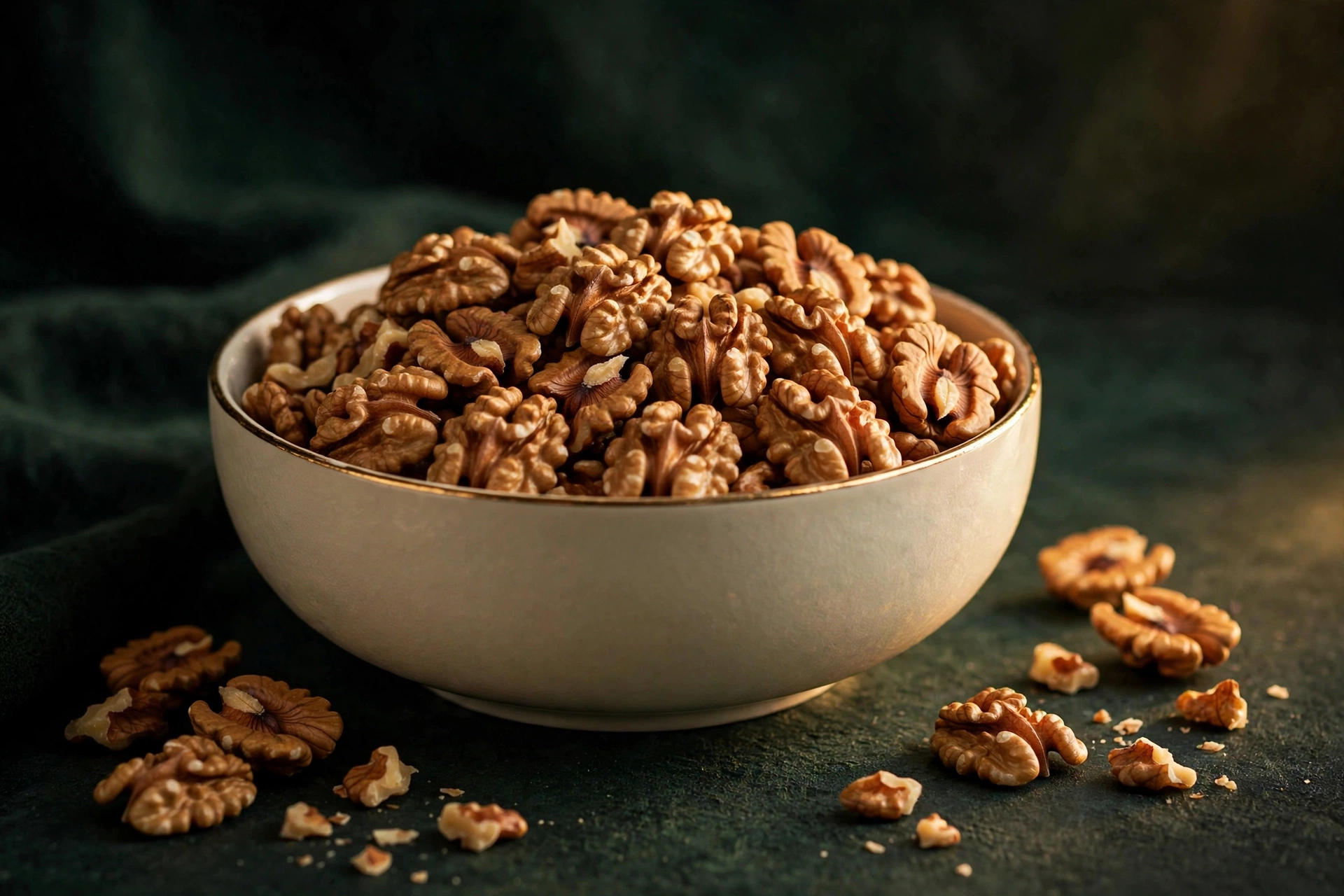 Bowl of premium Nutyona walnuts on a cream background